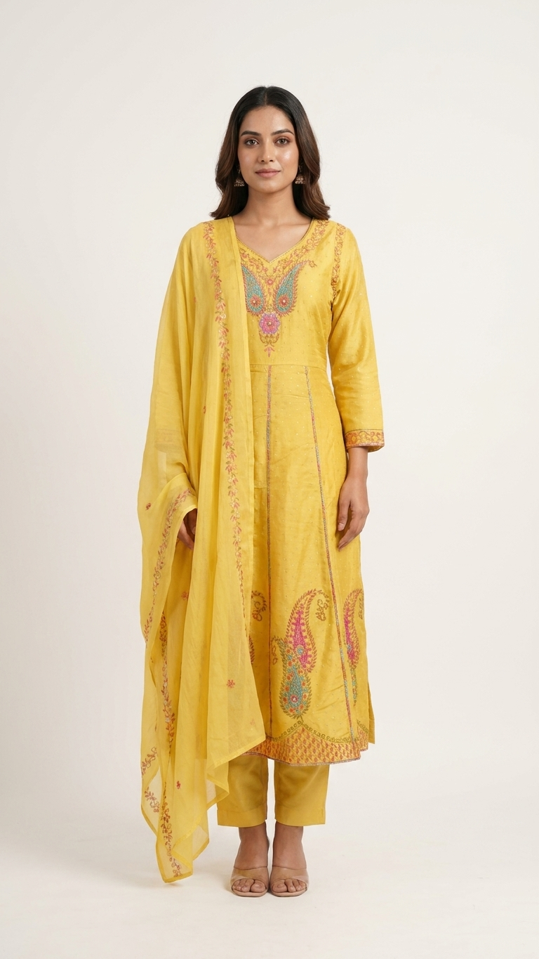 Yellow Anarkali 3-Piece Suit with Ethnic Thread Embroidery and Mul Dupatta