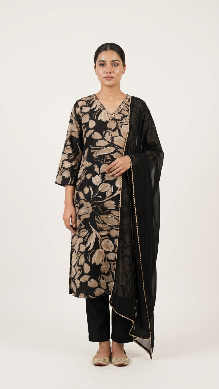Costume trois pièces élégant en mélange de coton crêpe noir avec dupatta Gotta Kinnari