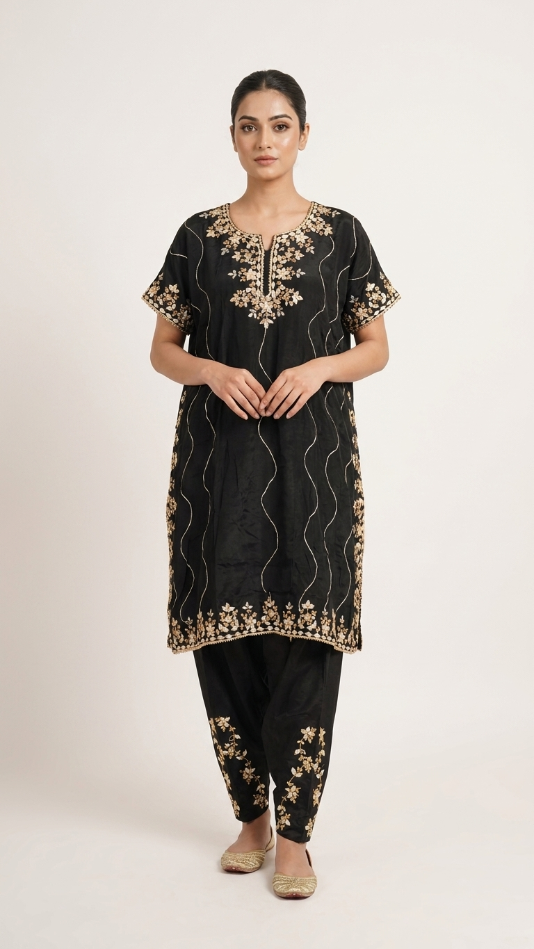 Black Embroidered Kaftan Kurta Set for Women | Luxury Ethnic Wear | Festive, Wedding & Party Outfit