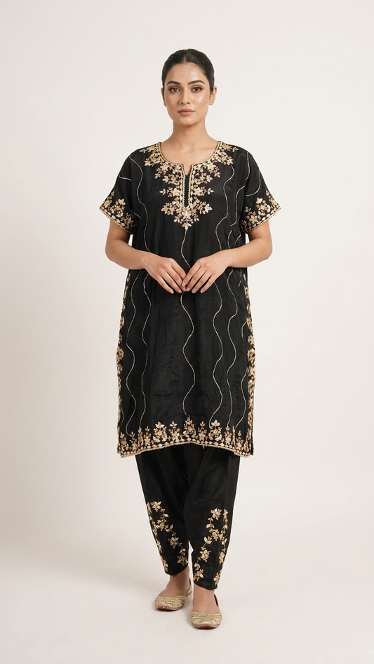 Black Embroidered Kaftan Kurta Set for Women | Luxury Ethnic Wear | Festive, Wedding & Party Outfit
