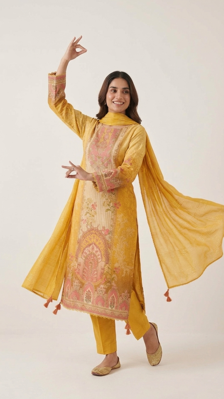 Yellow Chinon Silk 3-Piece Indian Suit with Sequins Dupatta