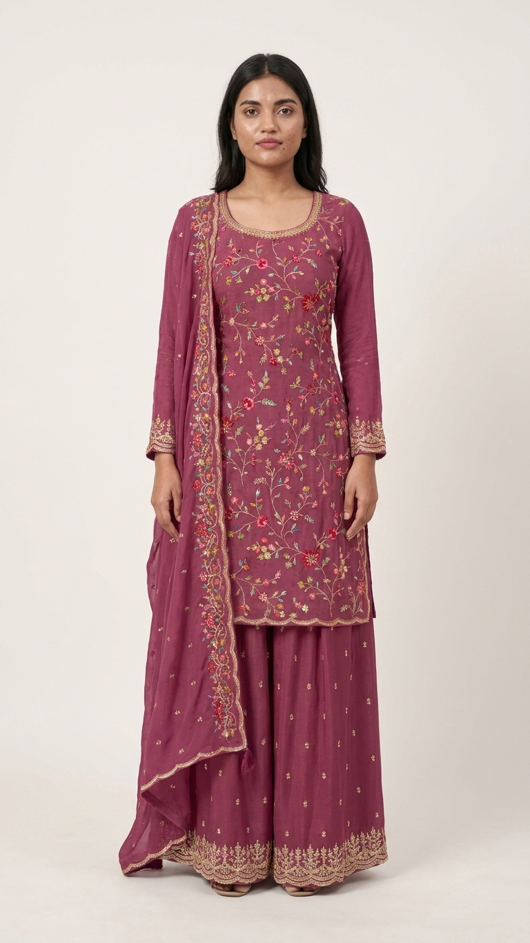 3-Piece Festive Sharara Set in Silk Blend/Georgette with Hand Embroidery