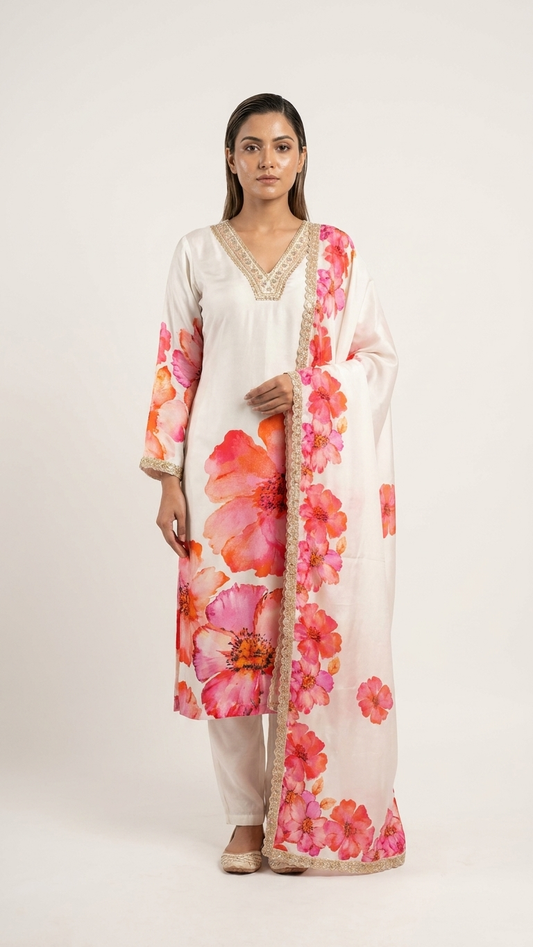 Russian Silk 3-Piece Party Wear in Cream with Intricate Lace Work