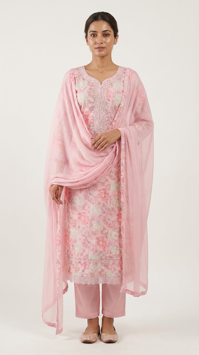 Cotton 3-Piece Suit in Subtle Pink with Intricate Lace Work