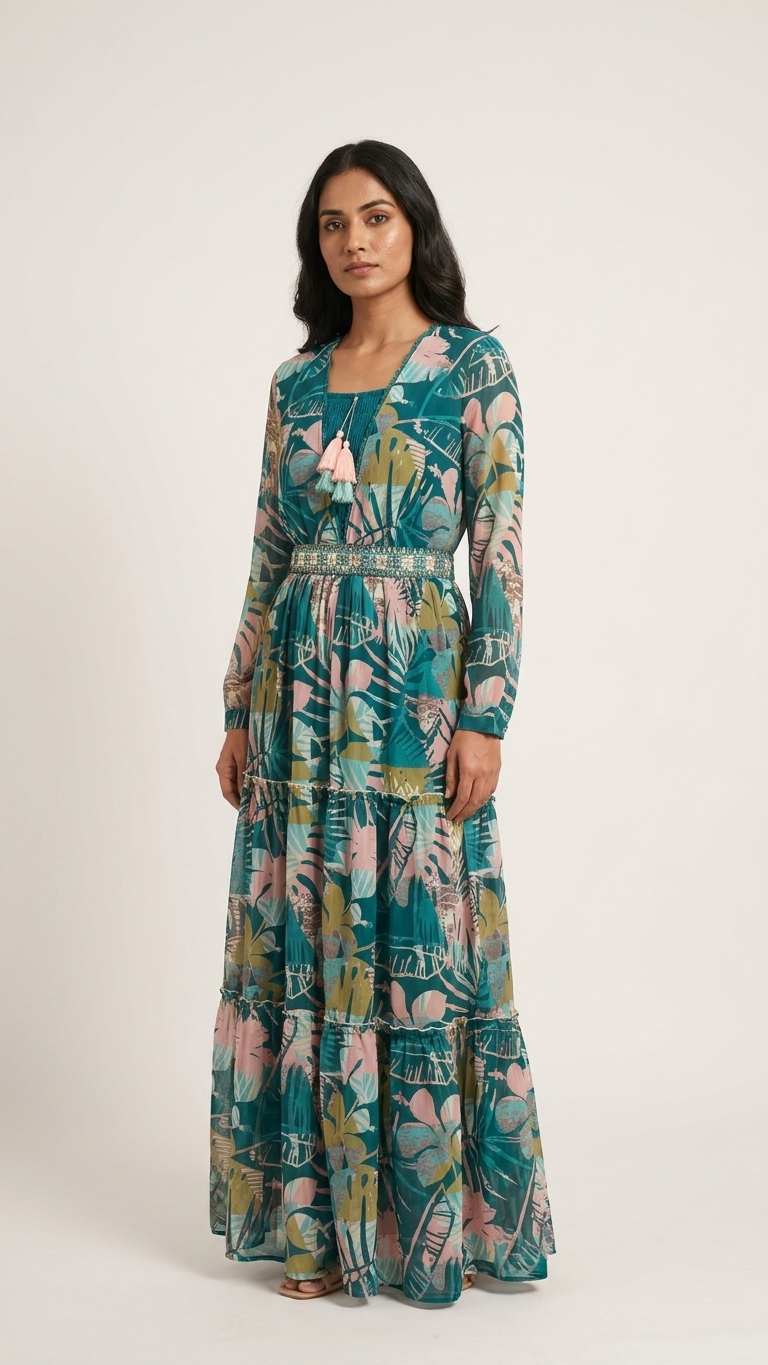 Robe ethnique en georgette 3 pièces avec broderie complexe