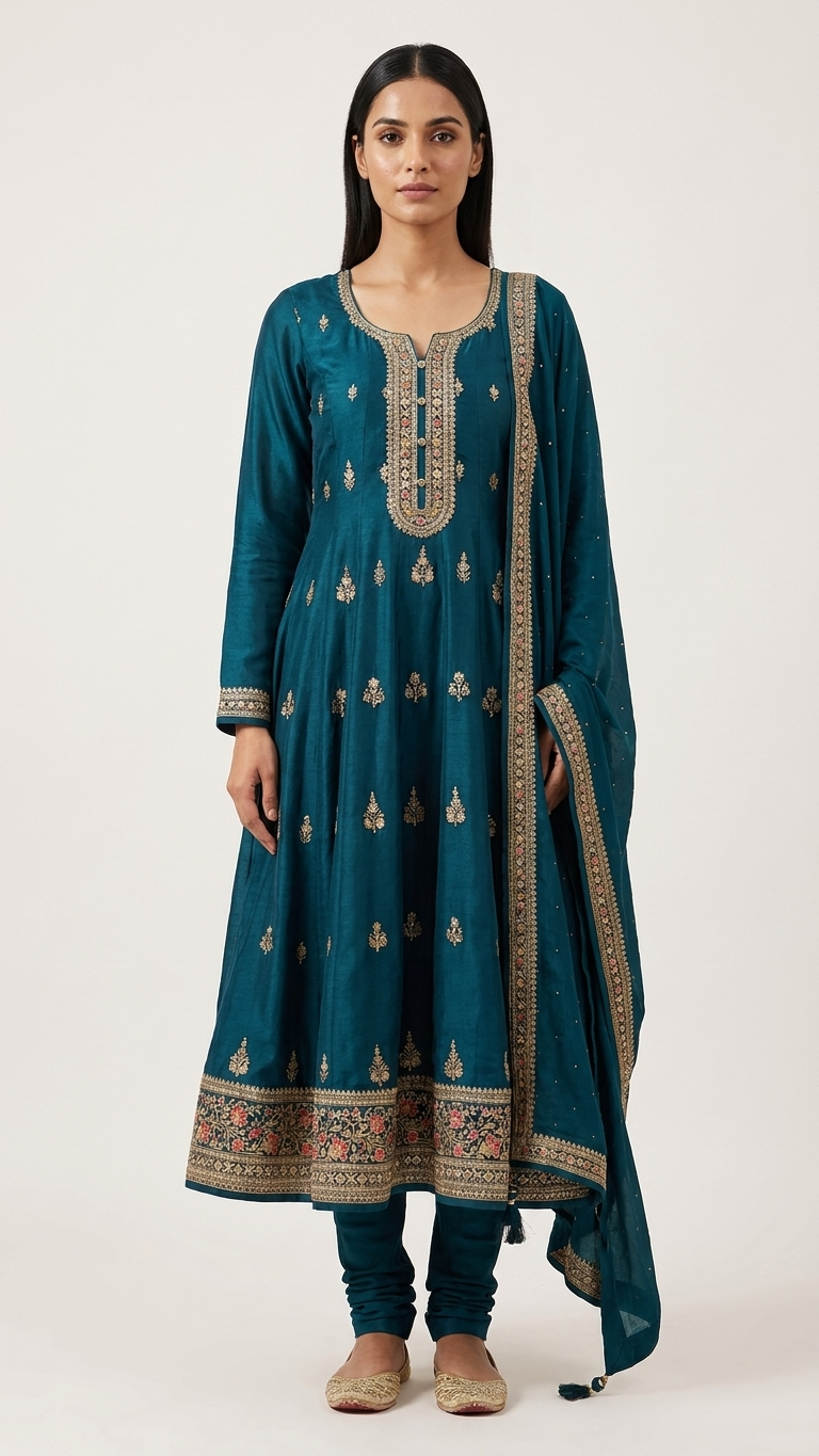 Teal Blue Anarkali Suit Set for Women | Embroidered 3-Piece Ethnic Kurta Set with Dupatta | Indian Pakistani Festive Wear