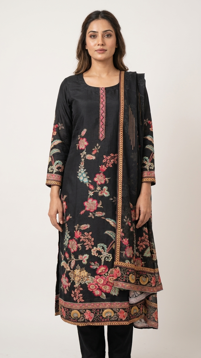 Costume 3 pièces élégant en coton et soie à imprimé floral noir