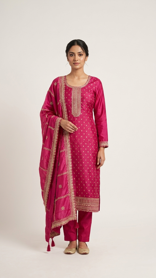 Fuchsia Pink Embroidered Kurta Set for Women | 3-Piece Indian Pakistani Suit with Dupatta | Festive, Eid & Wedding Wear