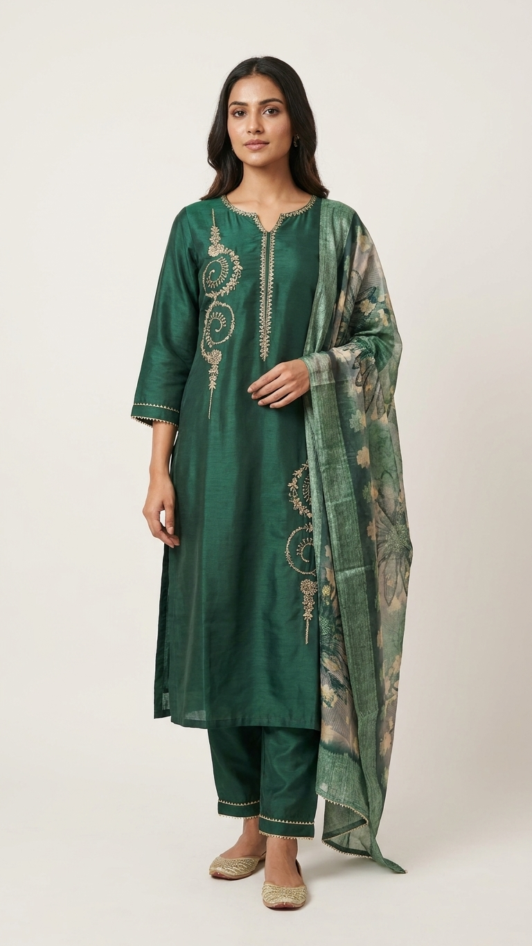 Silk Blend 3-Piece Suit in Green with Gold Tone Embroidery and Floral Tissue Dupatta