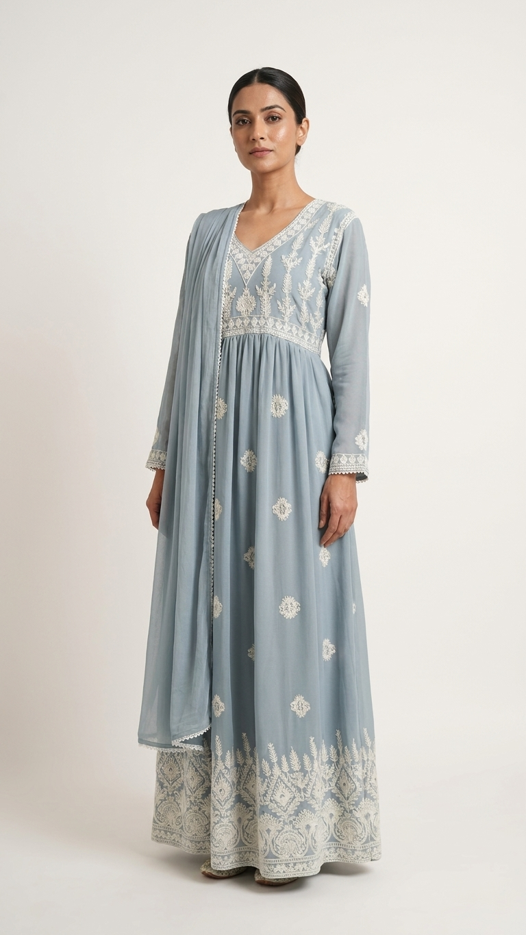 Dusty Blue Embroidered Anarkali Suit Set with Chiffon Dupatta | Pakistani Anarkali Dress for Women | Wedding, Eid & Festive Wear