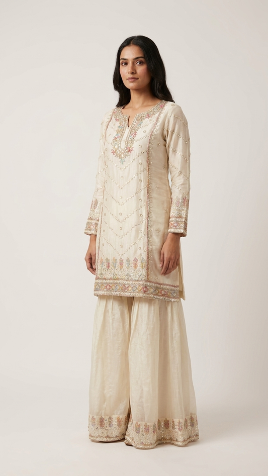 Ensemble Sharara brodé à la main pour femme | Costume ethnique 3 pièces en mélange de soie et de georgette | Tenue d'invitée de mariage | Tenue de soirée indienne pakistanaise festive