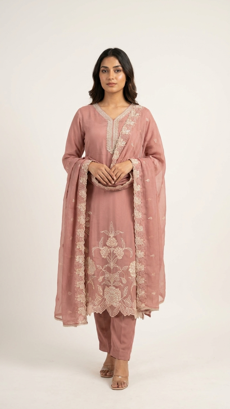 Women's Dusty Rose Embroidered 3-Piece Kurta Set with Dupatta | Elegant Pakistani Suit | Festive & Wedding Ethnic Wear