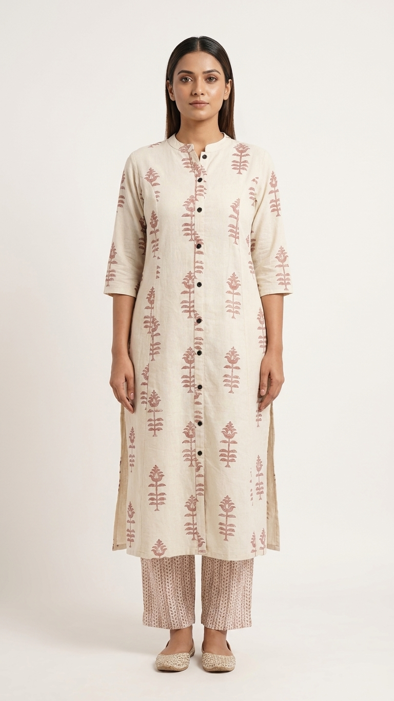 Khadi Cotton Palazzo Set in Beige with Ethnic Motifs