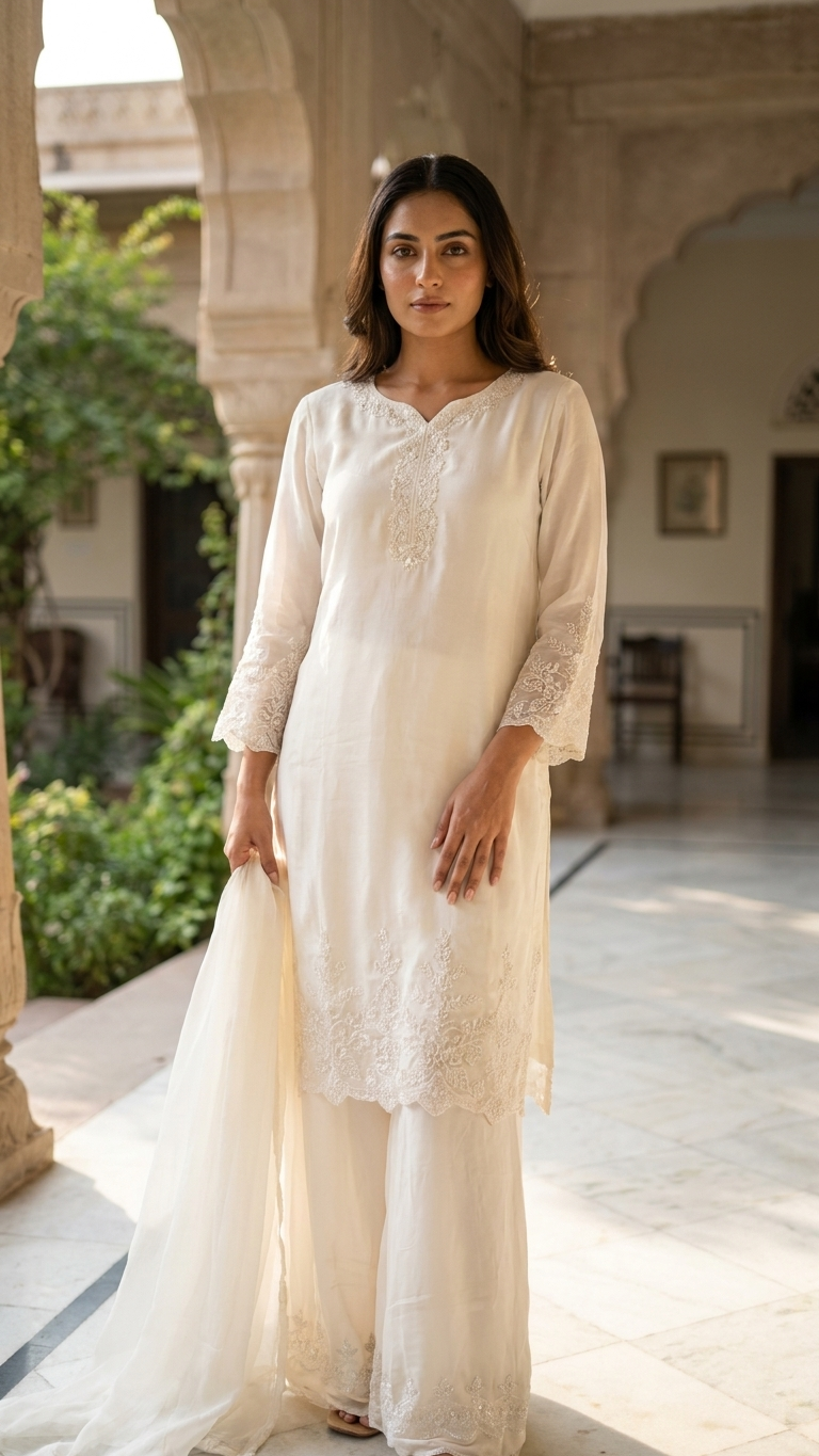 White Embroidered Sharara Set for Women with Dupatta | 3 Piece Indian Pakistani Ethnic Suit | Festive, Eid & Wedding Wear