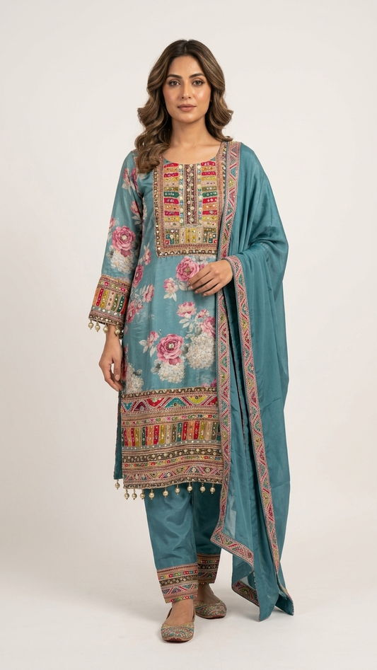 Teal Blue Floral Printed 3-Piece Kurta Set with Mirror Work & Embroidered Dupatta