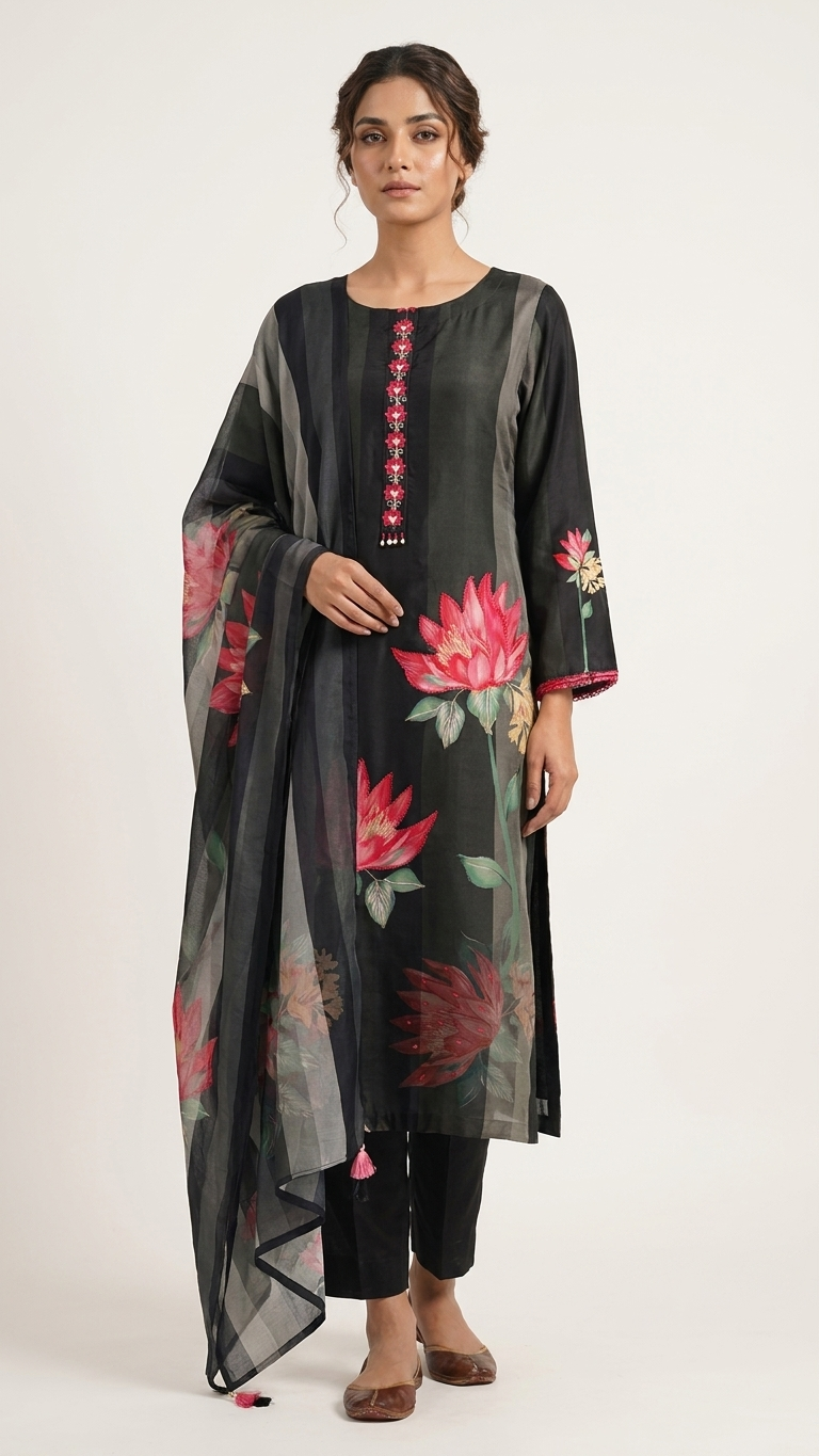 Rayon Silk Blend 3-Piece Suit in Black with Floral Motif and Bead Detailing