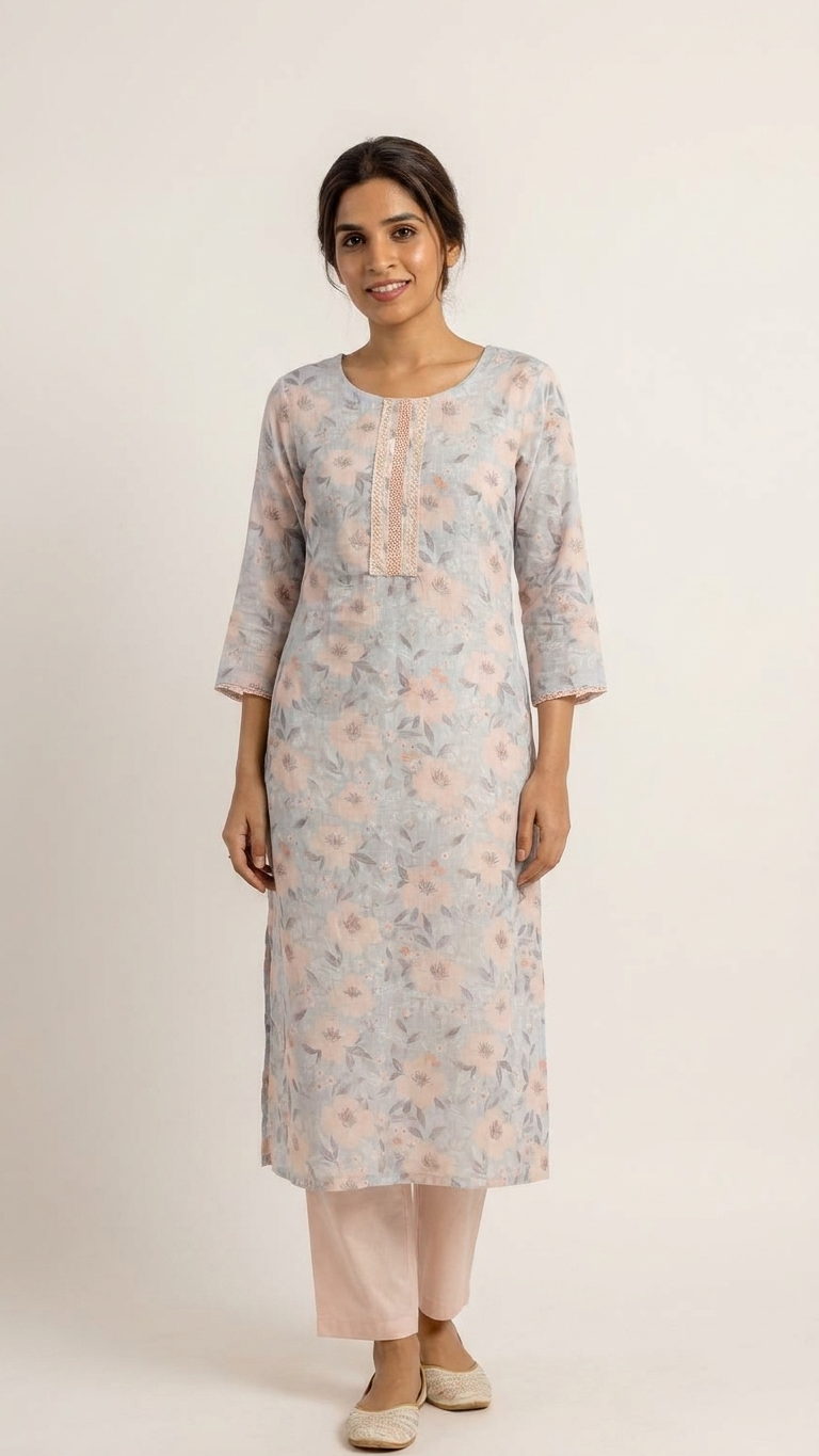 Pastel Floral Cotton Kurta Set with Blush Pink Pants