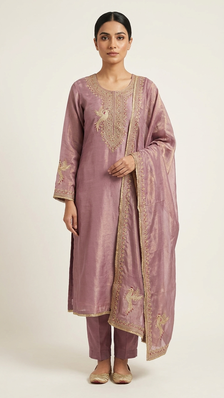 Dusty Mauve Silk Blend Kurta Set for Women | 3-Piece Embroidered Indian Pakistani Suit with Dupatta | Festive & Wedding Wear
