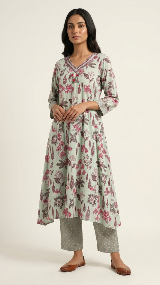 Ensemble coordonné floral violet avec pantalon palazzo