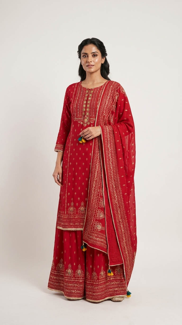 Red Printed Kurta Sharara Set for Women | 3-Piece Indian Pakistani Suit with Embroidered Neckline & Lace Detail | Festive Wear