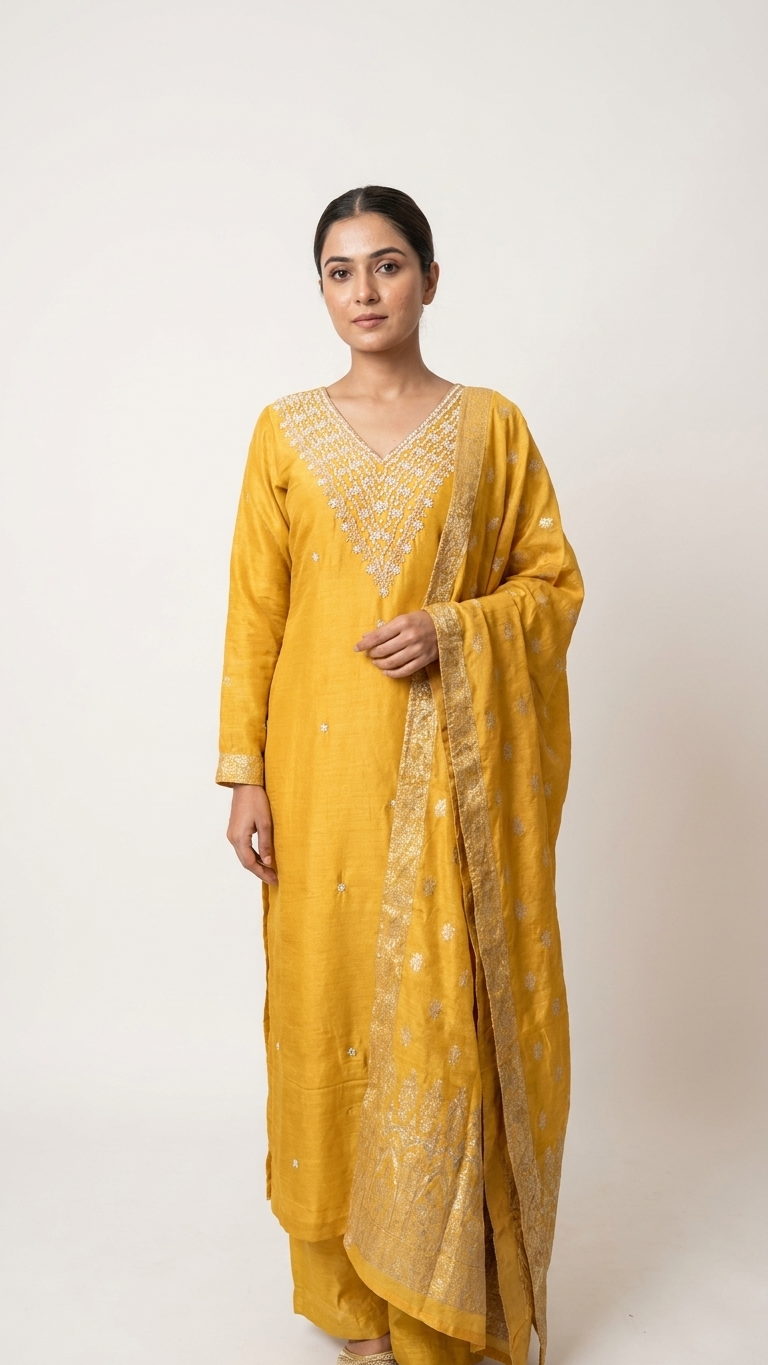 Costume 3 pièces Chinon Silk Dabka Work en jaune