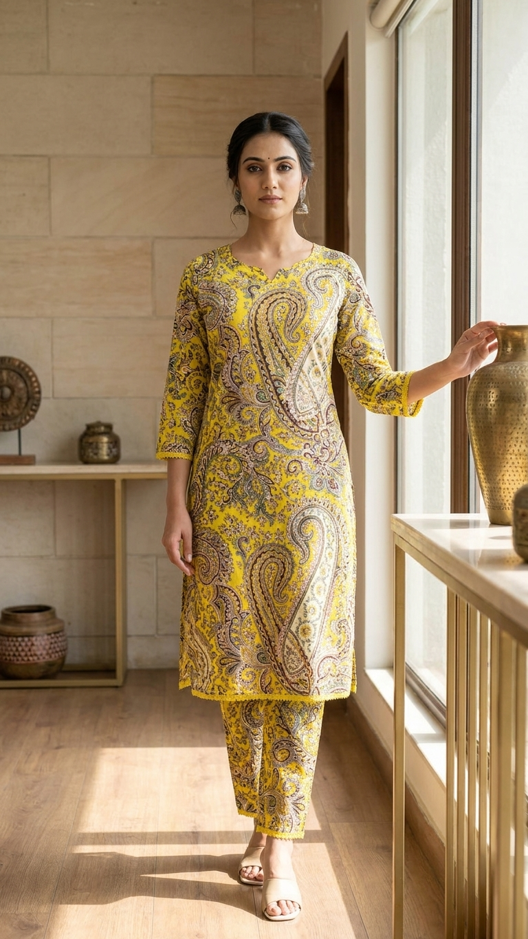 Mustard Yellow Paisley Print Kurta Set for Women | Bright Festive Ethnic Wear