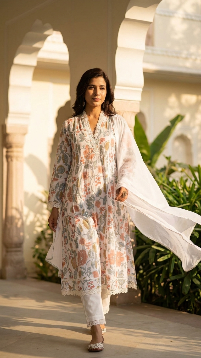 White Floral Cotton 3-Piece Kurta Set with Dupatta – Elegant Summer Ethnic Wear