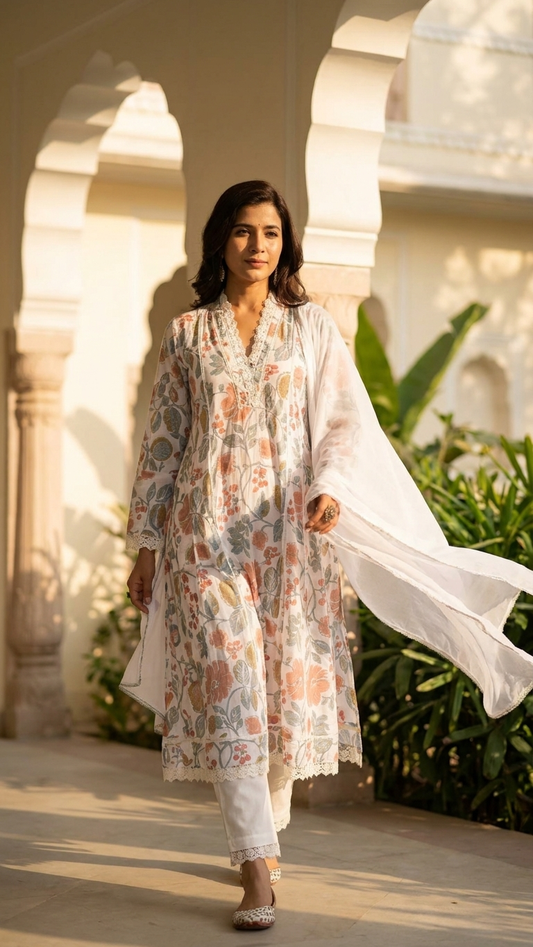 White Floral Cotton 3-Piece Kurta Set with Dupatta – Elegant Summer Ethnic Wear
