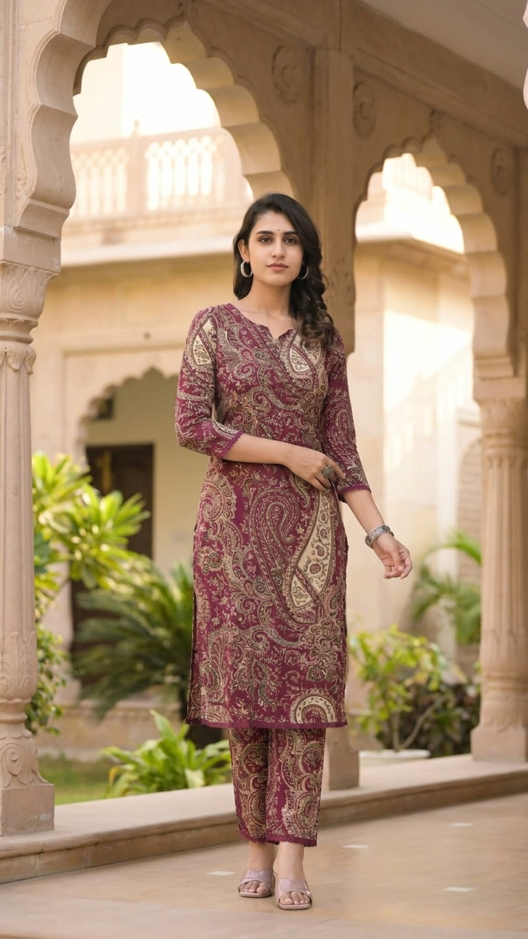 Maroon Paisley Print Kurta Set for Women | Traditional Ethnic Co-Ord Set