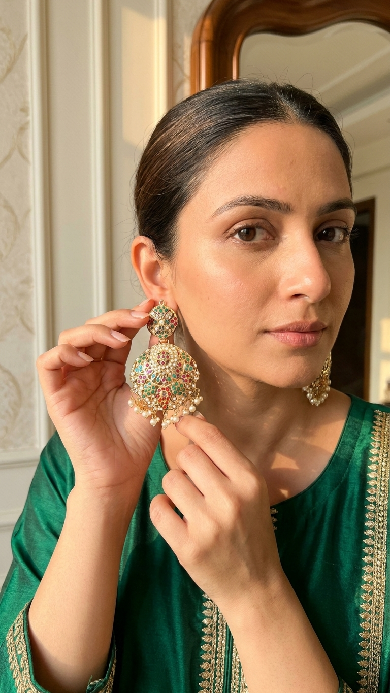 Jadau Chaandbali Earrings – Exquisite Multicolour Jadau Jewelry