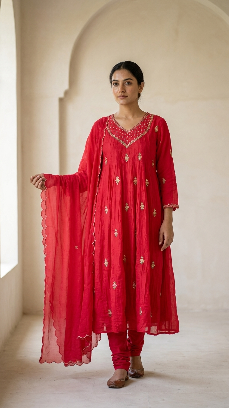 Hot Pink Chinnon Silk 3-Piece Kurta Set with Gold Embroidery & Scalloped Dupatta