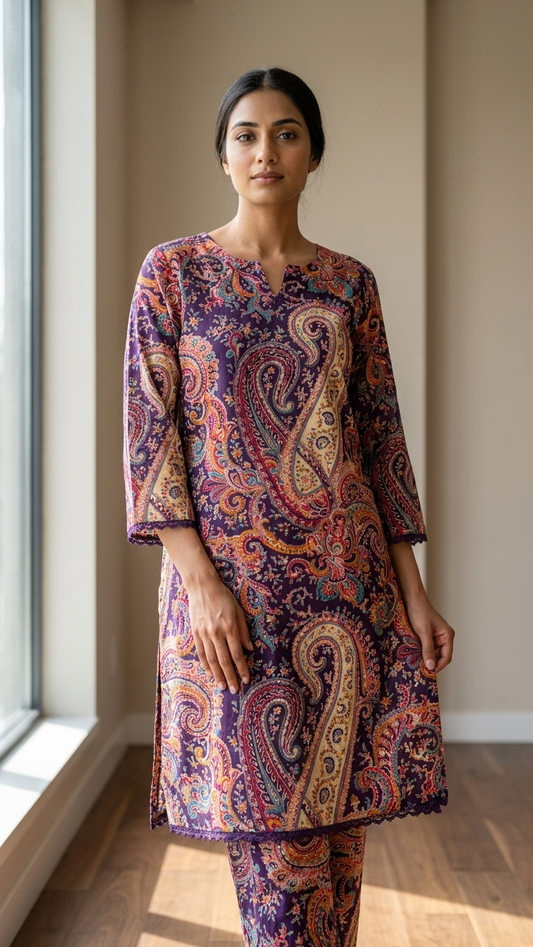 Purple Multicolor Paisley Print Kurta Set for Women | Traditional Ethnic Co-Ord Outfit