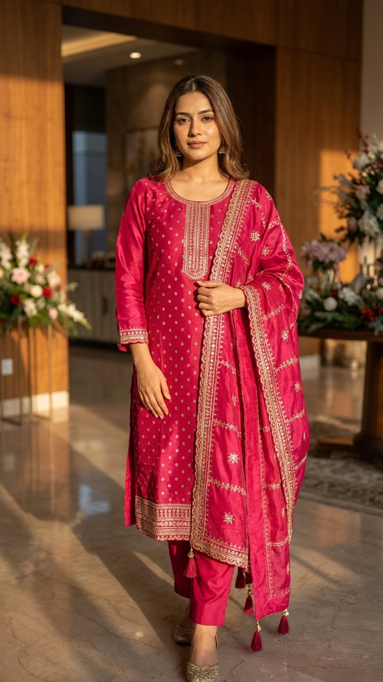 Fuchsia Pink Embroidered Kurta Set for Women | 3-Piece Indian Pakistani Suit with Dupatta | Festive, Eid & Wedding Wear
