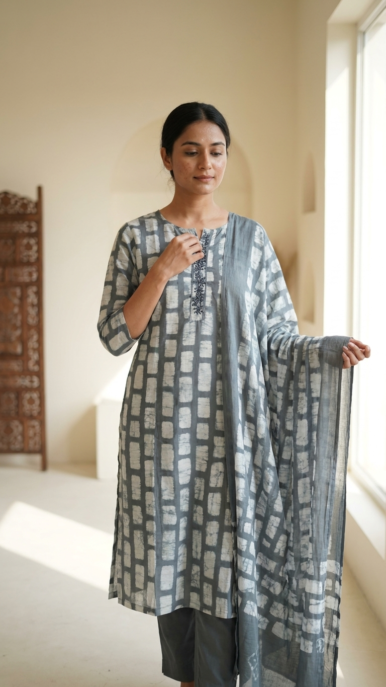 Batik Cotton Silk 3-Piece Kurta Set in Stone Grey