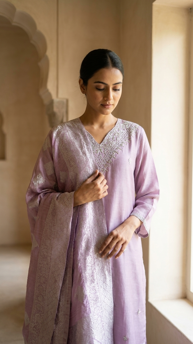 Ensemble 3 pièces en soie Chinon lilas avec ornements argentés et dupatta tissé argenté - Tenue de fête