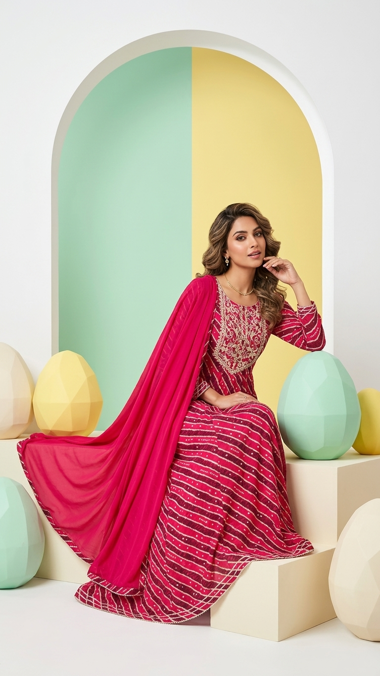 Magenta Leheriya Embroidered Anarkali Suit Set with Dupatta | Festive & Wedding Wear