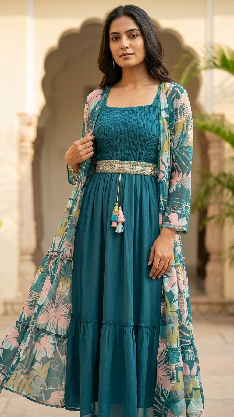 Robe ethnique en georgette 3 pièces avec broderie complexe