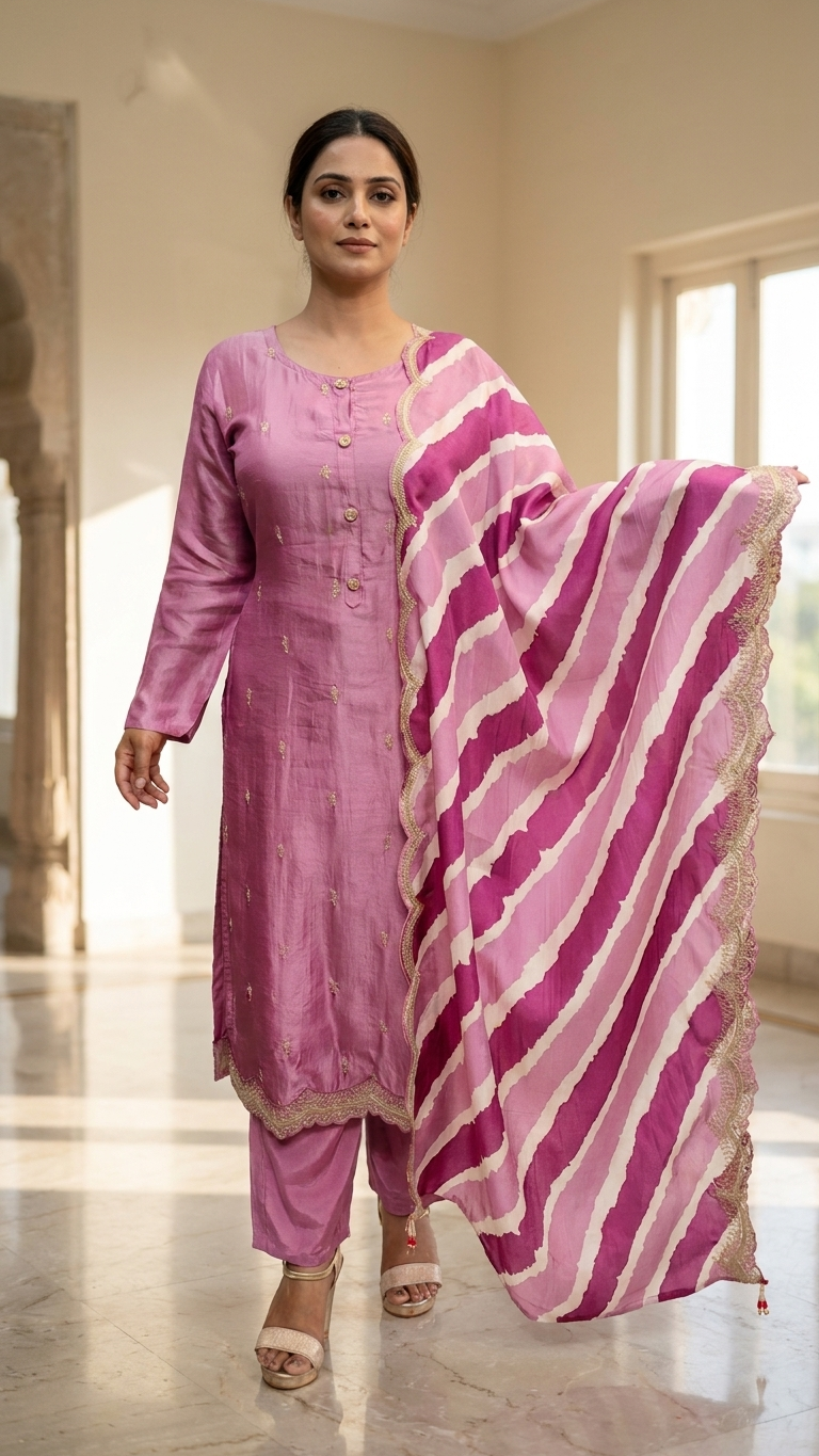 Ensemble de kurta 3 pièces en soie Chinnon Mauve avec broderies argentées faites à la main