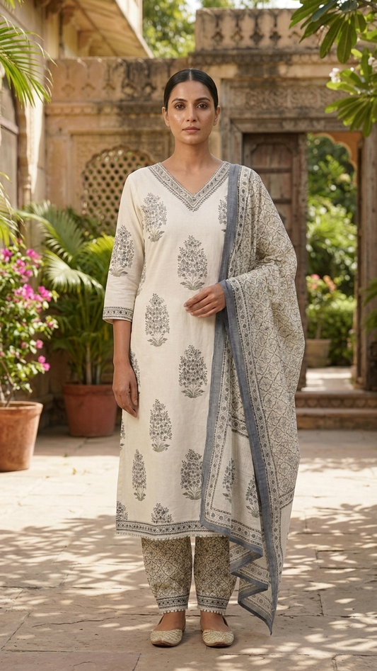 Cotton Minimalist 3-Piece Suit in White and Teal