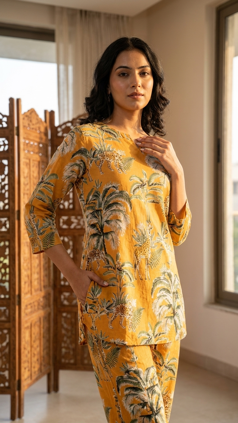 Cotton Rayon Blend Coord Set in Orange