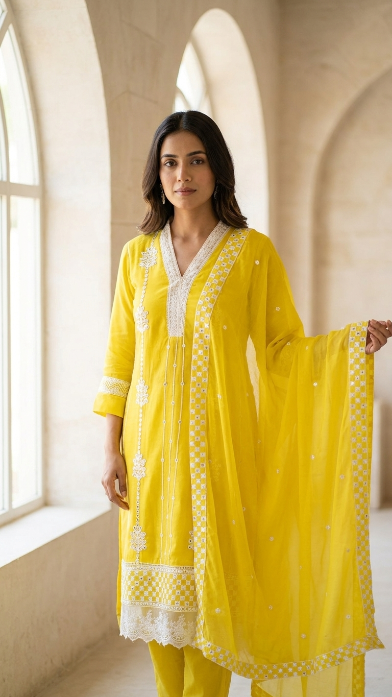Costume 3 pièces en organza pur jaune avec broderies et détails en dentelle
