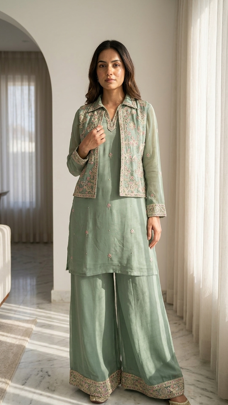 Sage Green 3-Piece Fusion Kurta Set with Embroidered Jacket & Wide-Leg Pants | Festive & Party Wear