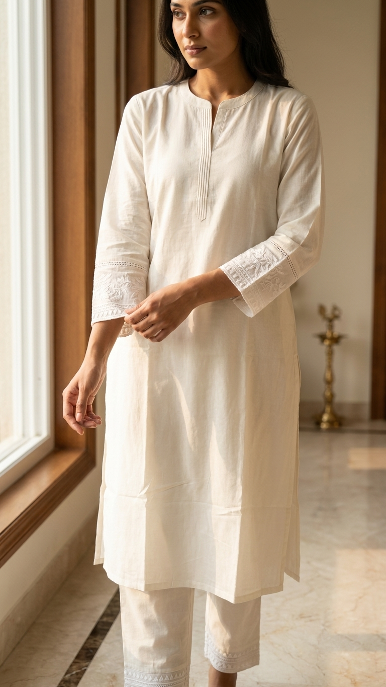 White Cotton 3 Piece Kurta Set for Women with Embroidered Dupatta | Straight Kurta, Pants & Dupatta | Indian Pakistani Ethnic Wear