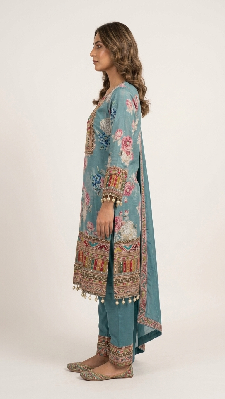 Teal Blue Floral Printed 3-Piece Kurta Set with Mirror Work & Embroidered Dupatta