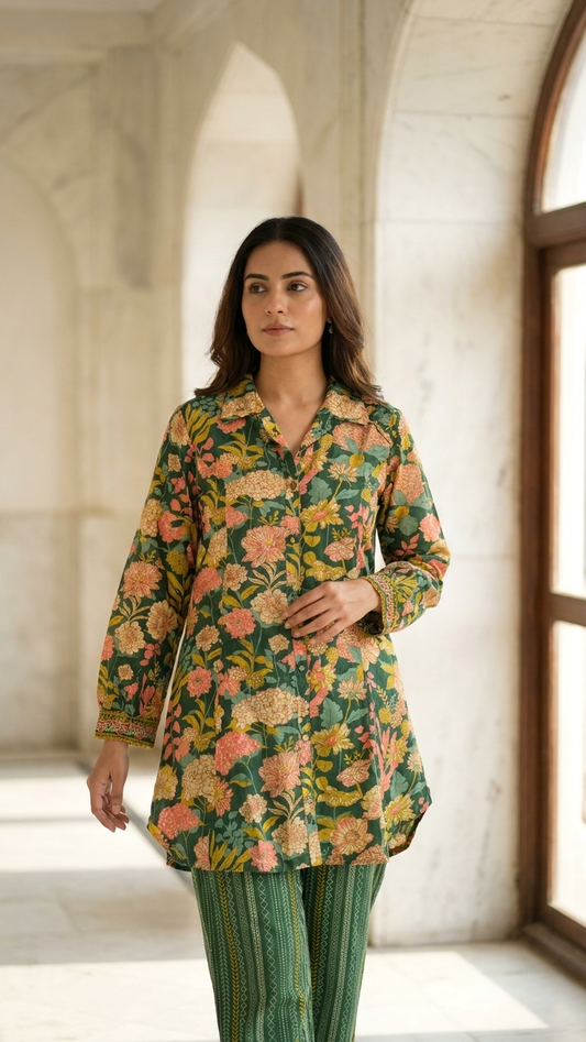 Ensemble coordonné boutonnée imprimé numérique floral vert avec pantalon orné de dentelle au crochet