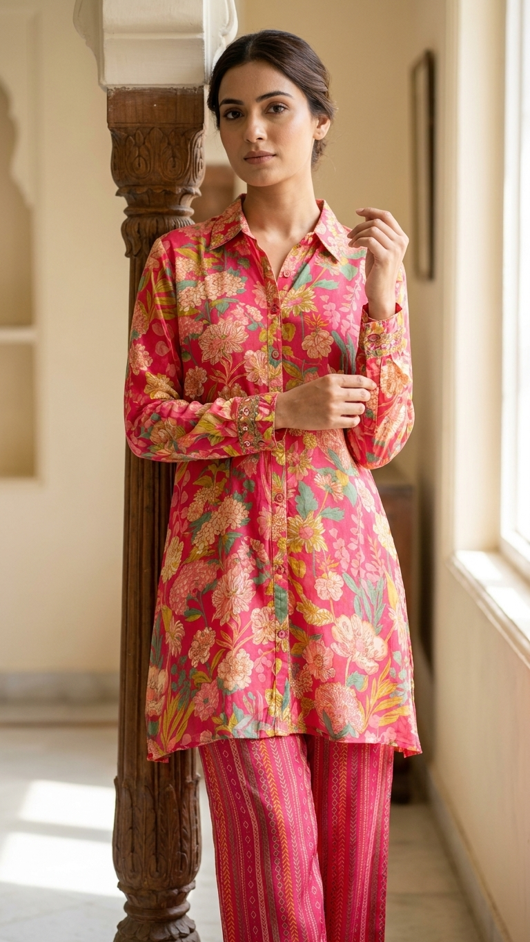 Ensemble coordonné rose imprimé numérique floral boutonné avec manches brodées et pantalon imprimé