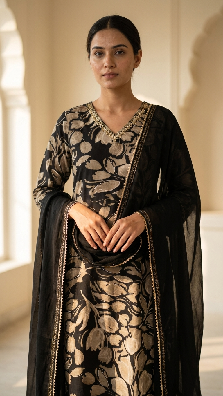 Costume trois pièces élégant en mélange de coton crêpe noir avec dupatta Gotta Kinnari