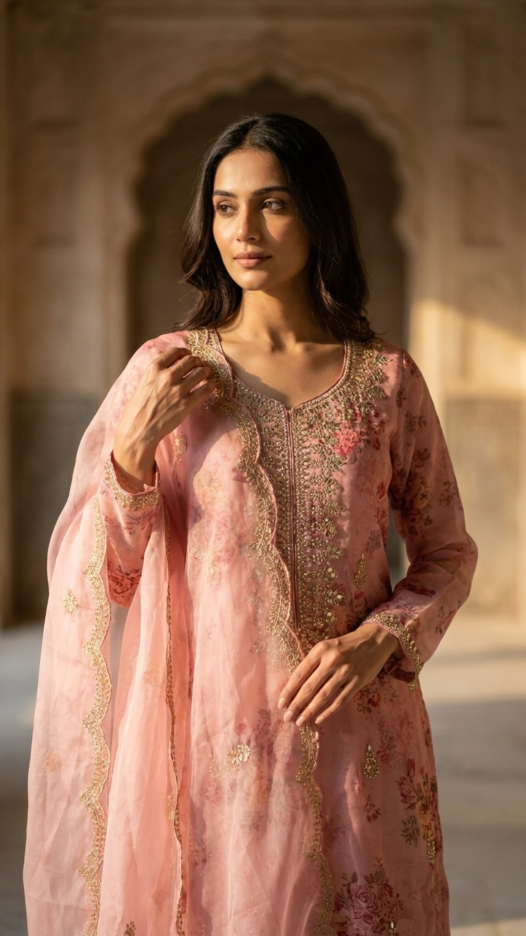 Woman wearing a pink traditional outfit with intricate designs in a warm-toned architectural setting.