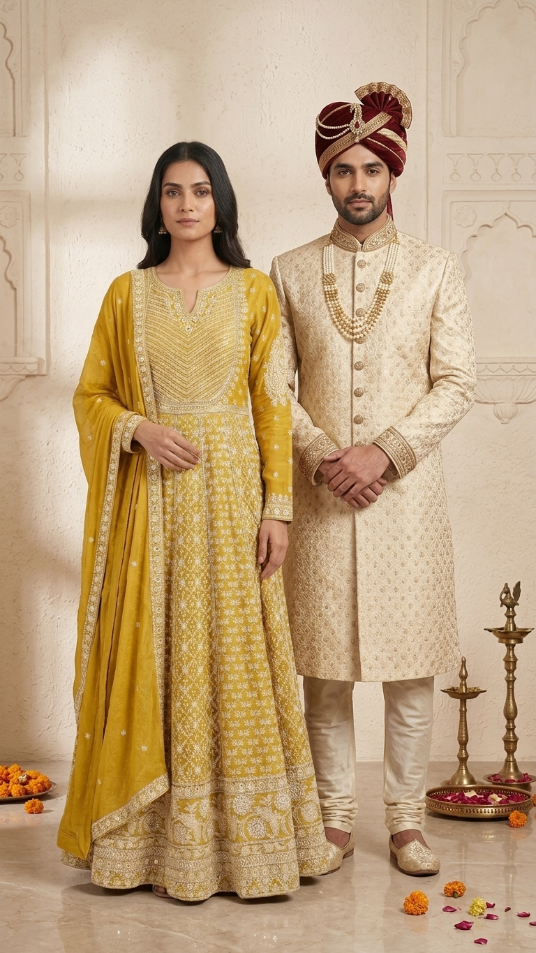 Mustard Yellow Embroidered Long Gown with Dupatta | Indian Wedding Gown | Festive Ethnic Wear for Women