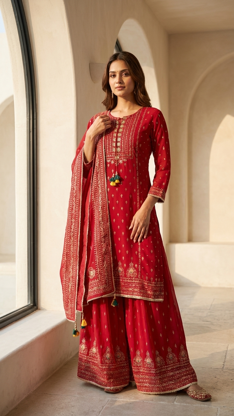 Red Printed Kurta Sharara Set for Women | 3-Piece Indian Pakistani Suit with Embroidered Neckline & Lace Detail | Festive Wear